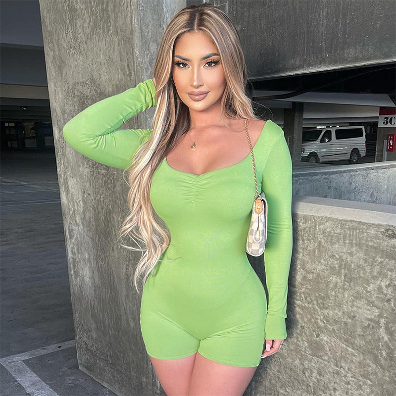 Women Clothing Autumn Winter Pleated Brushed Long Sleeve Slim Fit Sports Shorts Jumpsuit for Women