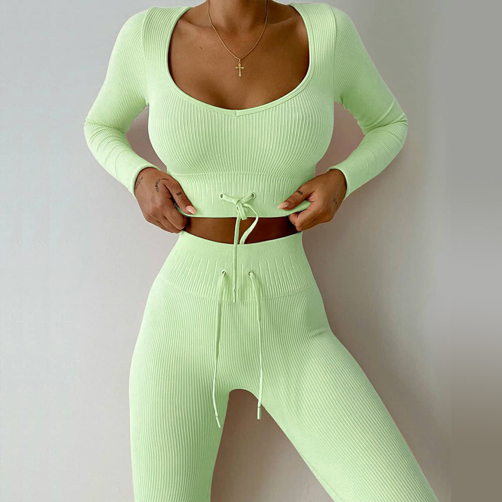 Seamless Sports Yoga Workout Clothes Autumn Winter Long Sleeves Trousers Piano Line Sports Sets Women