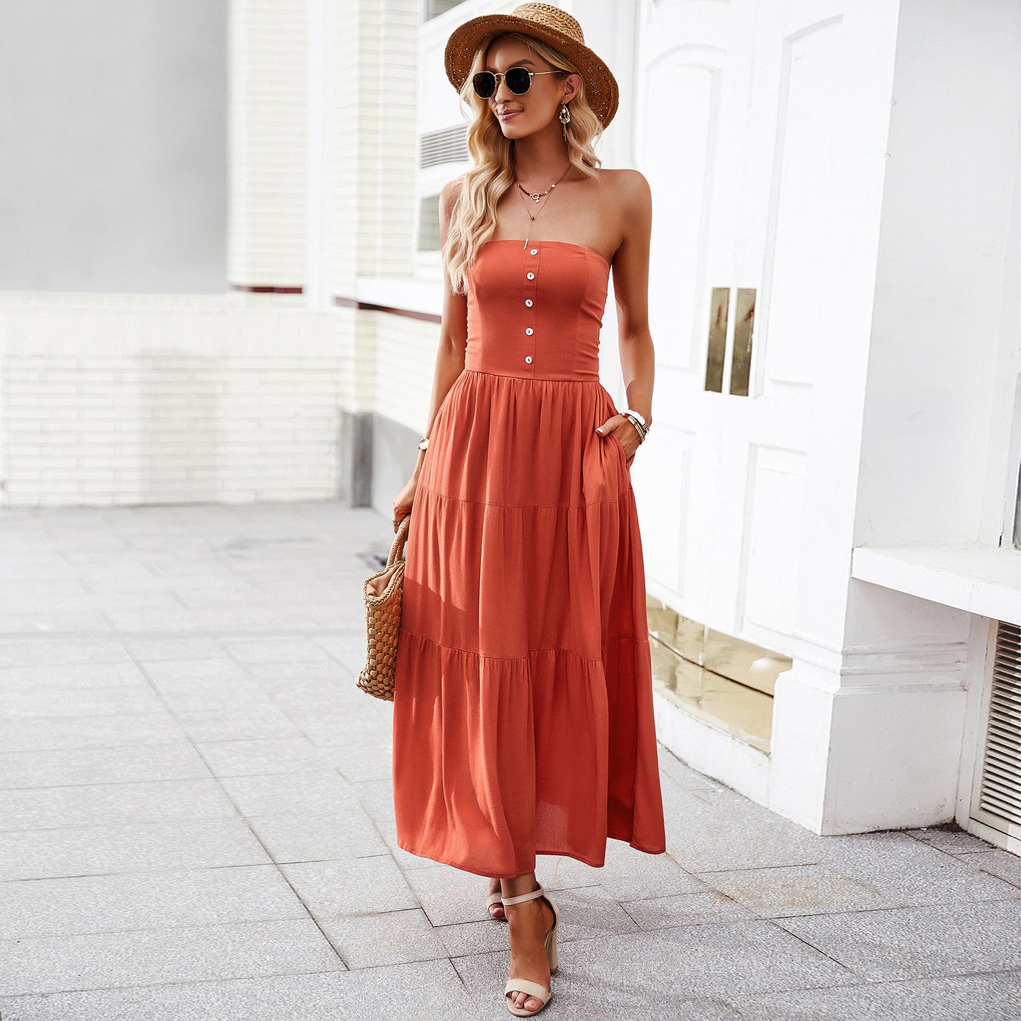 Tube Top Dress Summer Women Clothing Solid Color Casual Maxi Dress