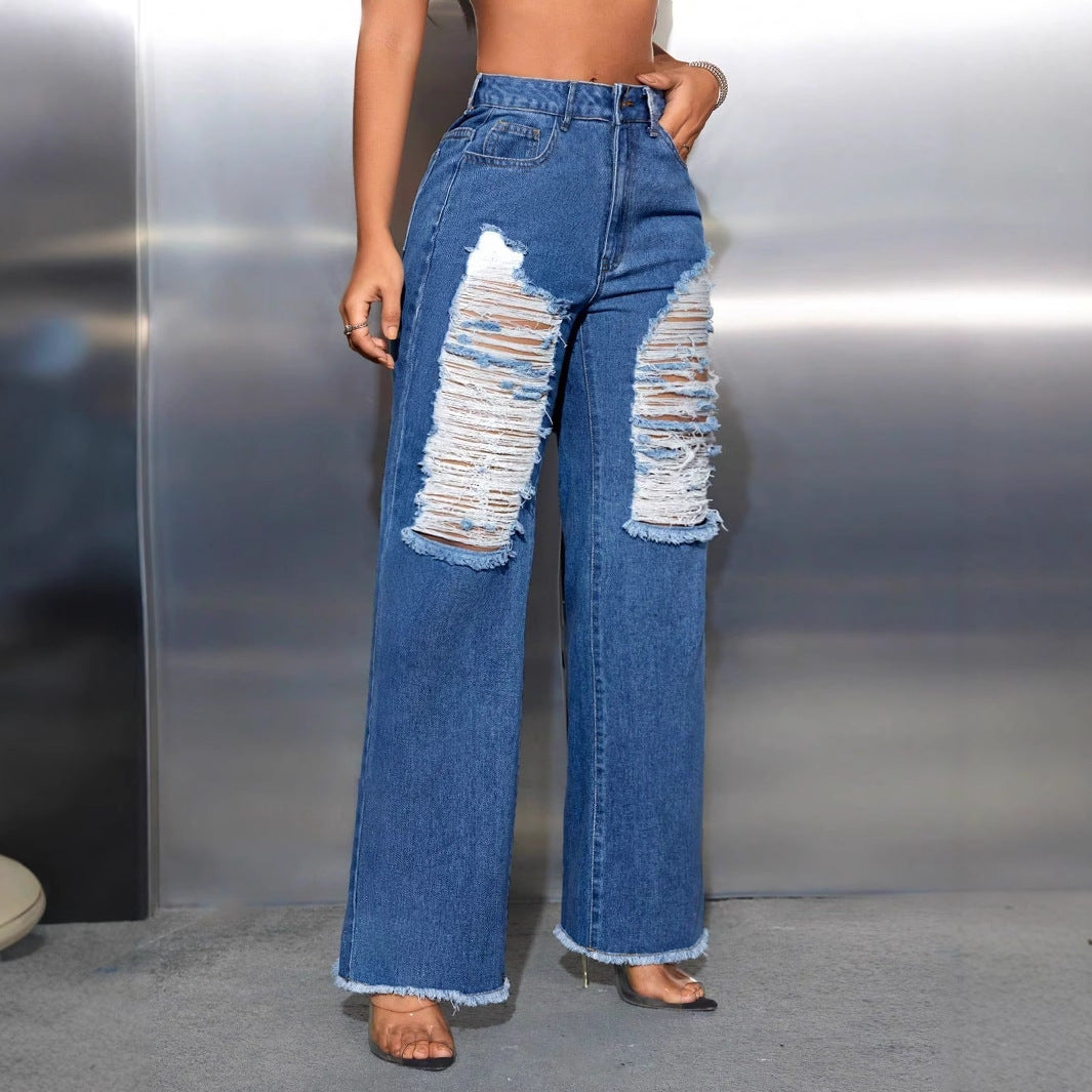Women Clothing Casual Ripped Wide Leg Denim Trousers