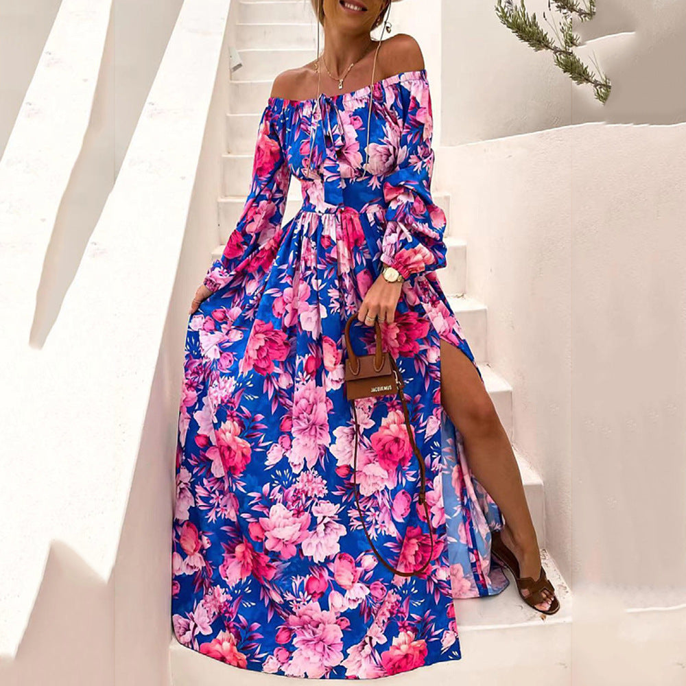 Summer Bohemian Vacation off Neck Large Swing Dress Printed Dress