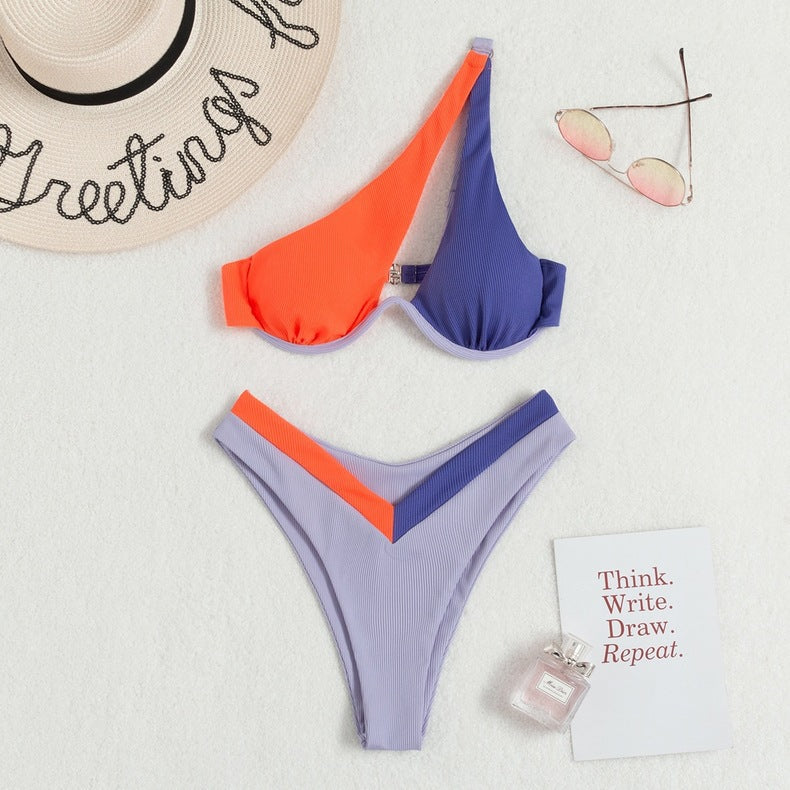 Multi Color Sexy Triangle Women Seperated Swimwear Solid Color One Shoulder Steel Bracket Hollow Out Cutout