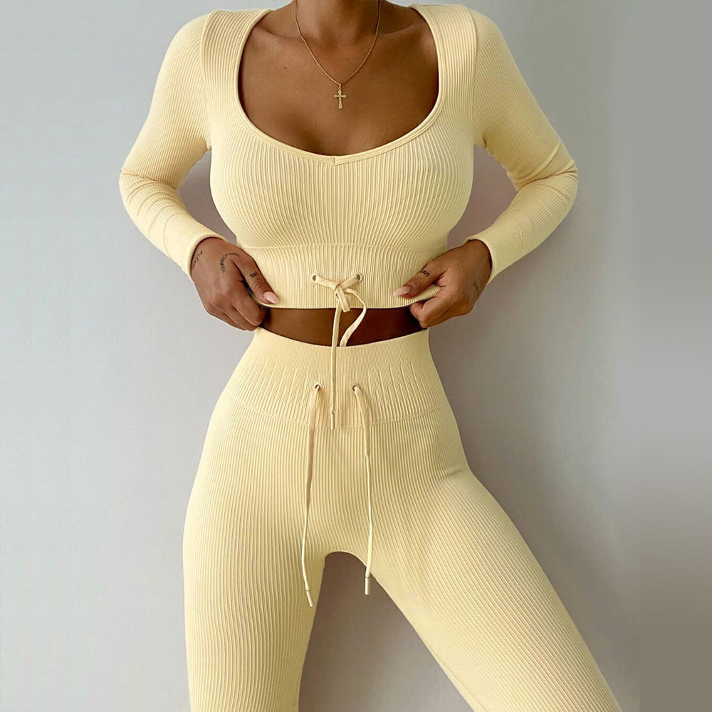Seamless Sports Yoga Workout Clothes Autumn Winter Long Sleeves Trousers Piano Line Sports Sets Women