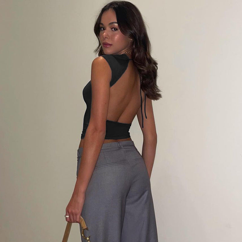 Bare Back Sexy Women Wear Sleeveless Slim Fit Round Neck Tied Basic Vest Top
