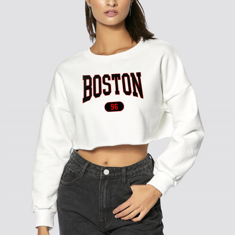 Women Clothing Autumn Winter Boston Letter Graphic Printing Cropped Long Sleeves Sweatshirt Women