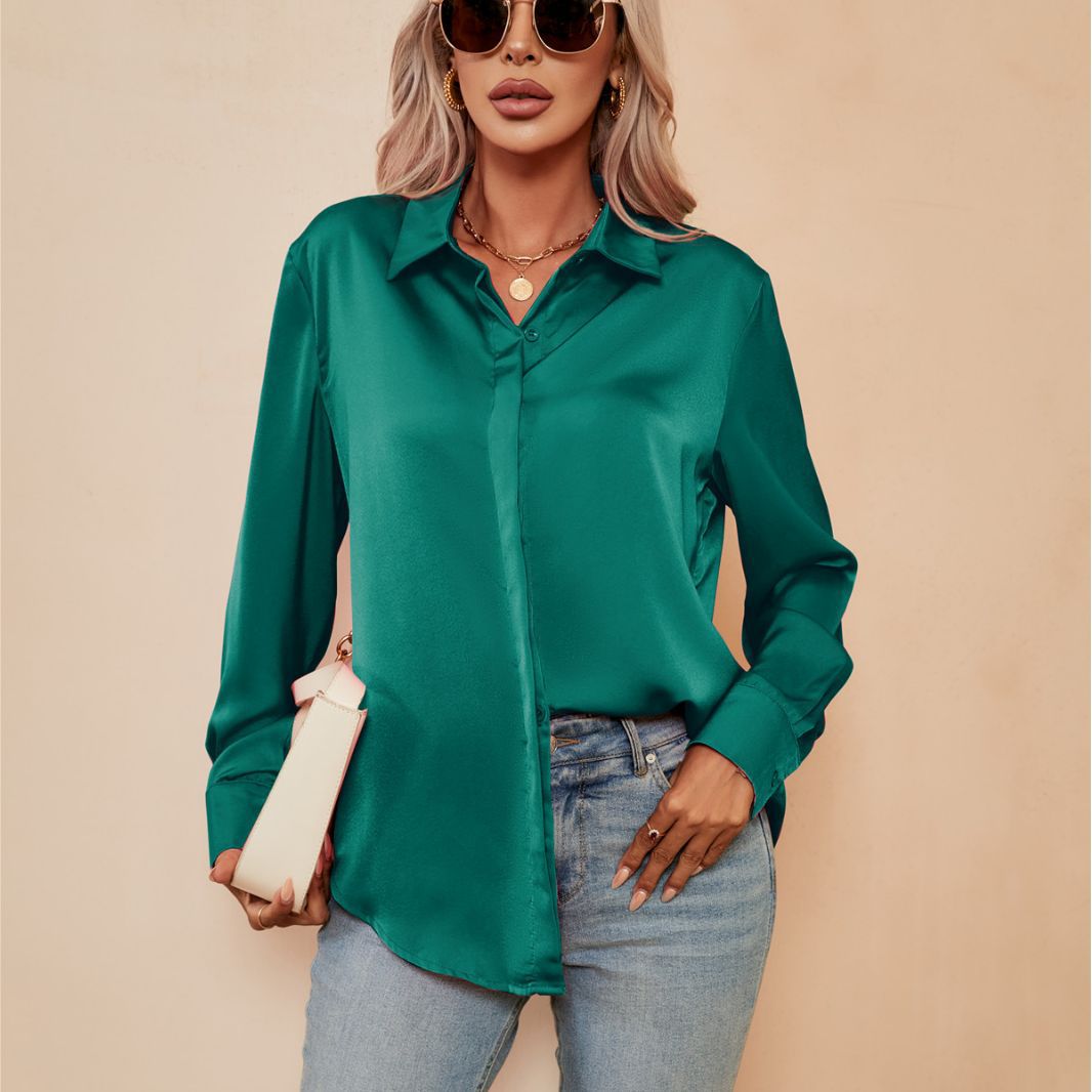 Women Satin Cardigan Top Casual Loose Long Sleeve Shirt