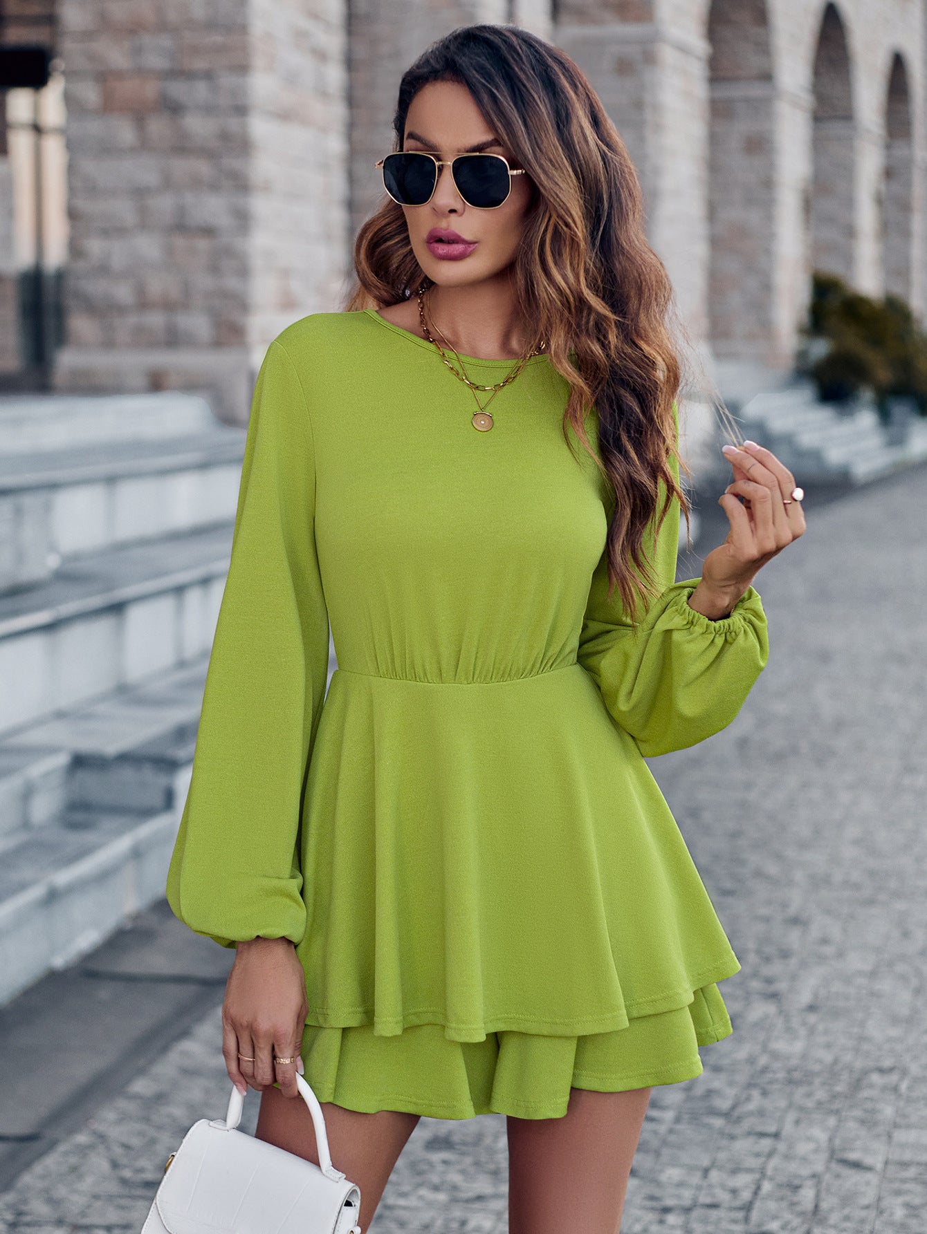 Fall Winter Women Clothing Casual Solid Color round Neck Waist Trimming Knitted Long Sleeve Jumpsuit