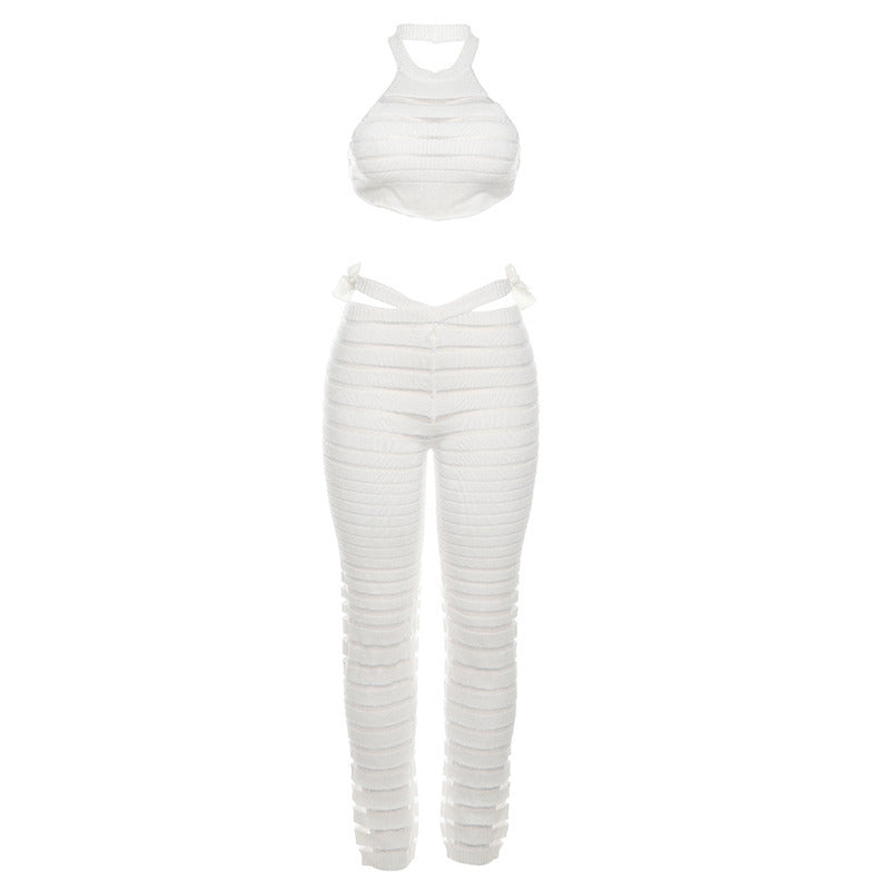 Women Clothing Autumn Lace up Halter Backless Sexy Knitted Vest High Waist Trousers Set