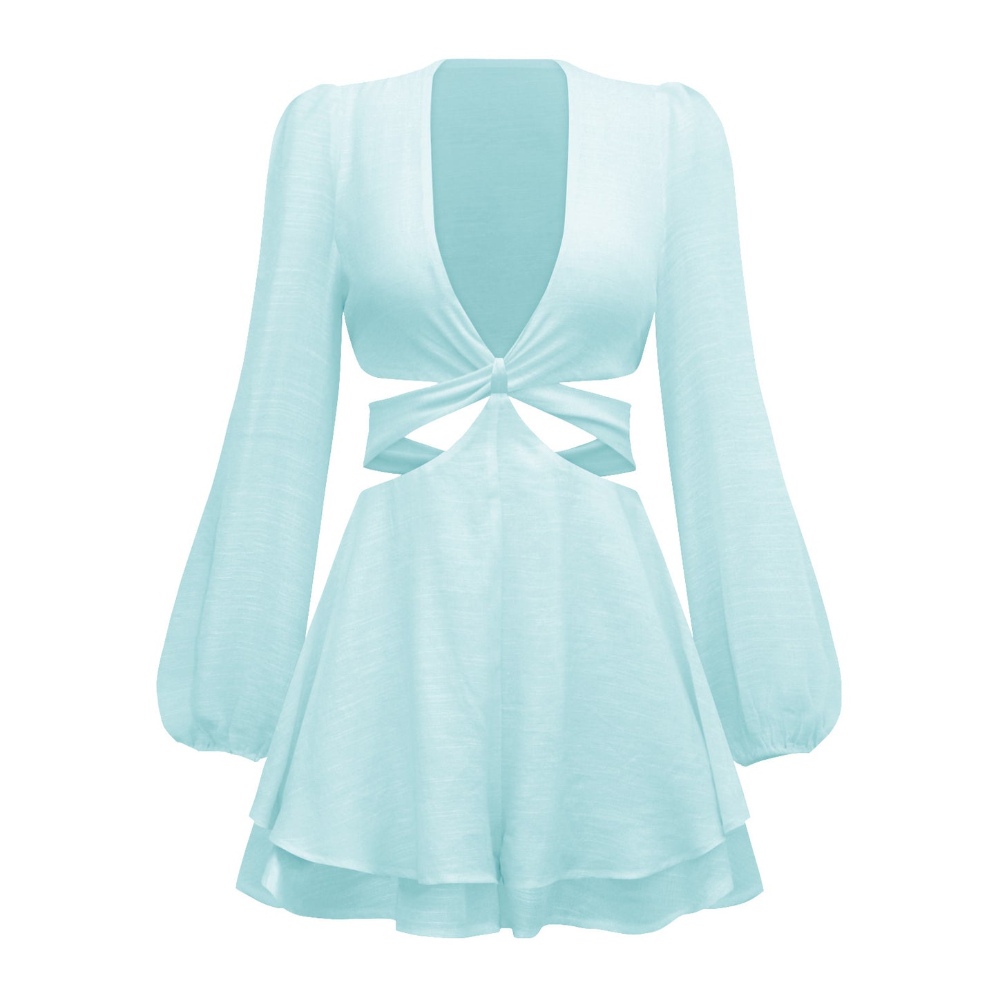 Solid Color Pantskirt Deep V Plunge Plunge neck Slim Fit Women Wear Lantern Long Sleeve Ruffled Romper