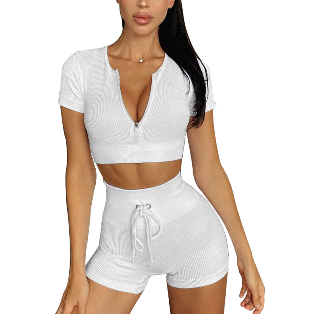 Seamless Sports Yoga Workout Clothes Short Sleeve Shorts Suit Drawstring Zipper Women