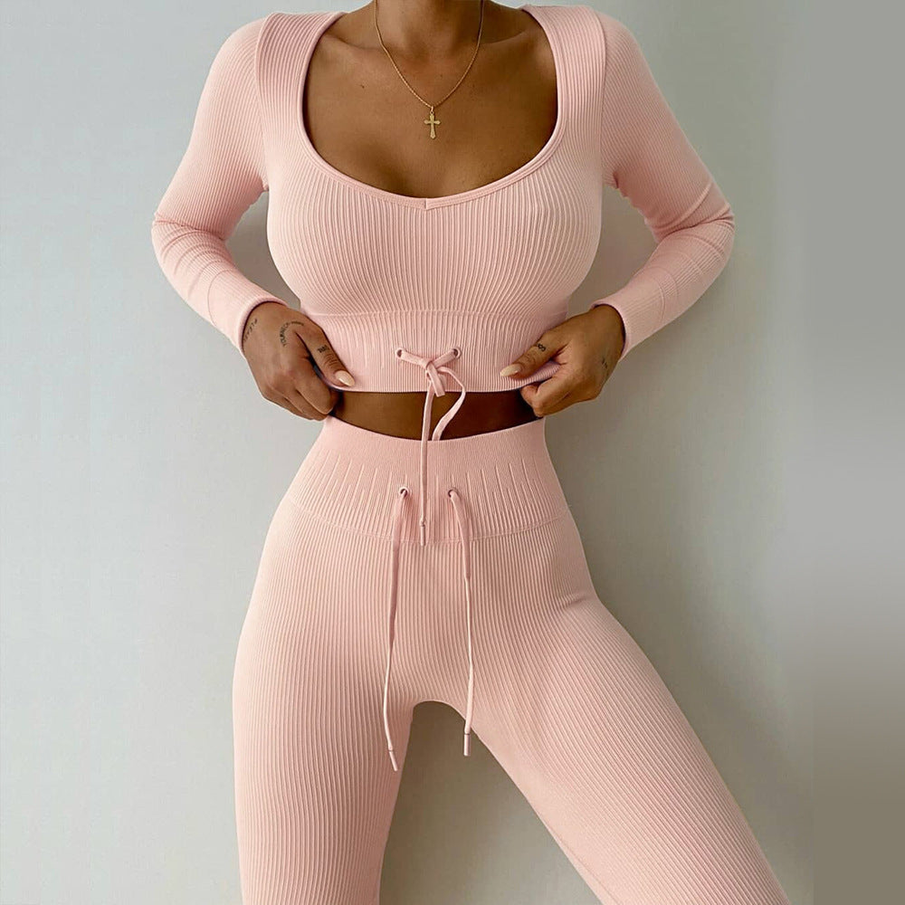 Seamless Sports Yoga Workout Clothes Autumn Winter Long Sleeves Trousers Piano Line Sports Sets Women