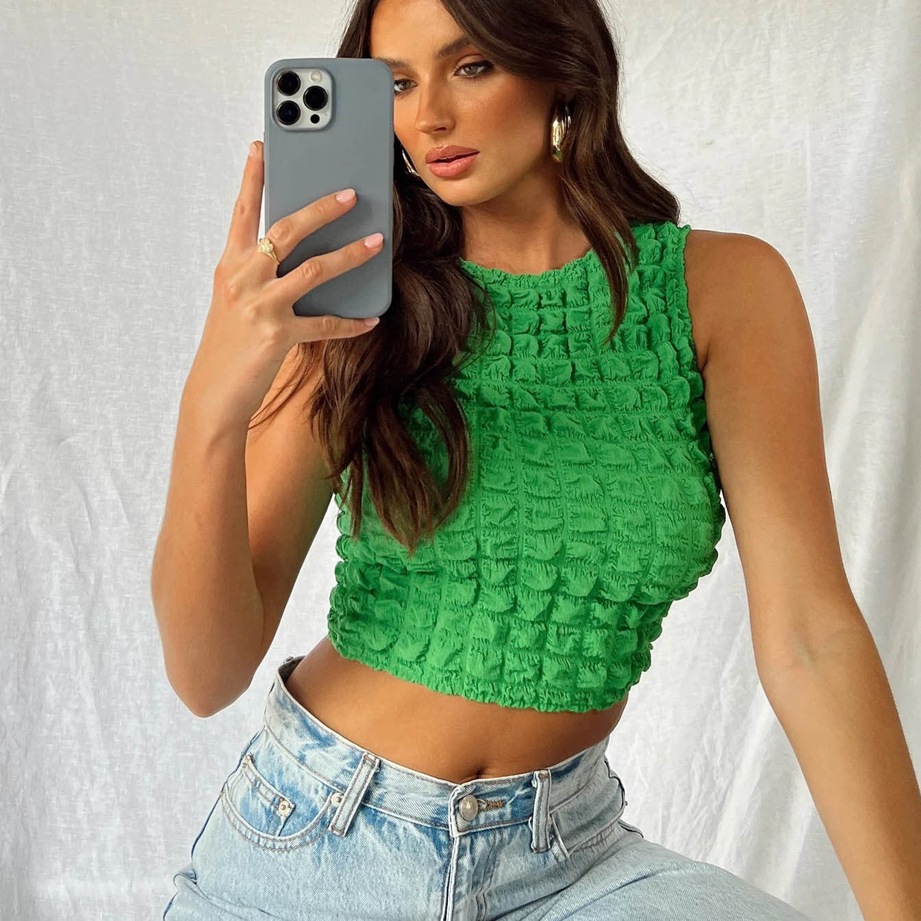 Spring Summer Small Vest Women Street Sexy Round Neck Sleeveless Short Cropped Top Women