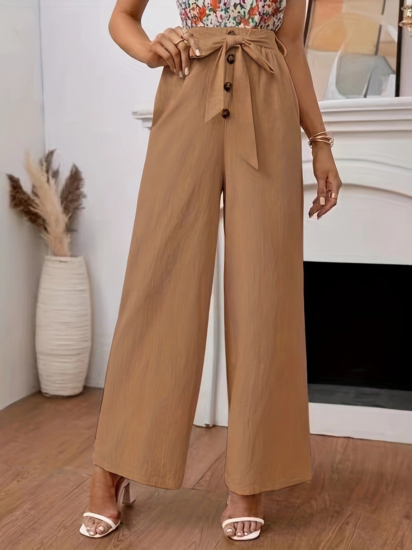 Spring Summer Women Clothing Solid Color Cotton Linen Elastic Loose Casual Wide Leg Women Trousers