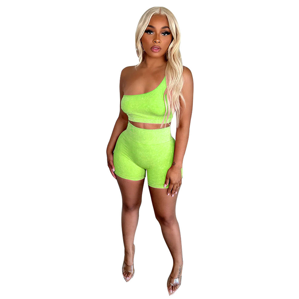 Women Popular Diagonal Collar Sleeveless High Waist Shorts Casual Sports Suit