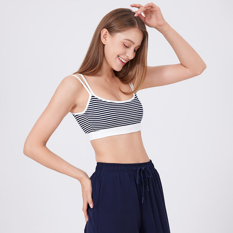 Rib Yoga Vest Women Double Shoulder Strap Sports Underwear Fixed Cup Striped Innerwear Small Sling Beauty Back Fitness Bra