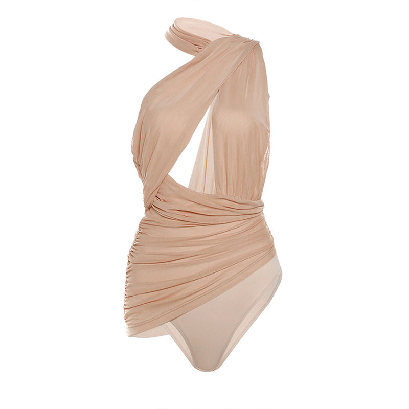 Autumn Winter Women Clothing Halter Sexy Backless Hollow Out Cutout Mesh Bottoming Jumpsuit for Women