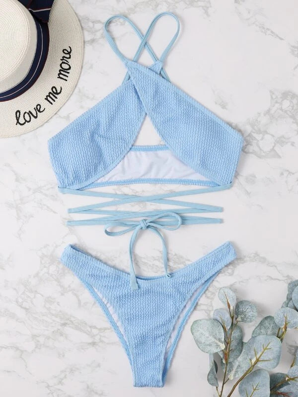 Swimsuit Solid Color Sexy Lace Up Split Swimming Suit Swimsuit Bikini Women Bikini