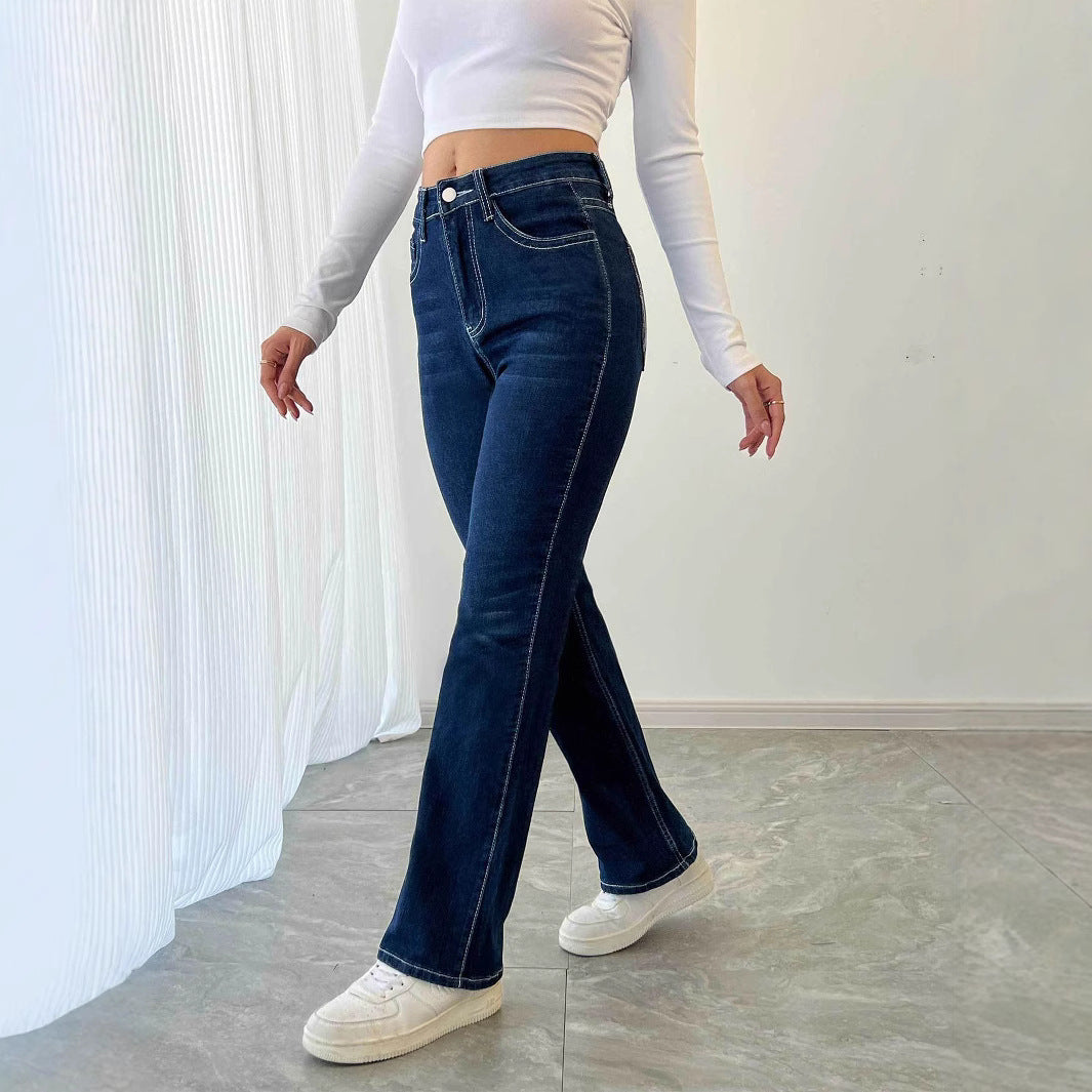 Casual Straight Leg Simple Comfortable Stretch Embroidery Jeans for Women
