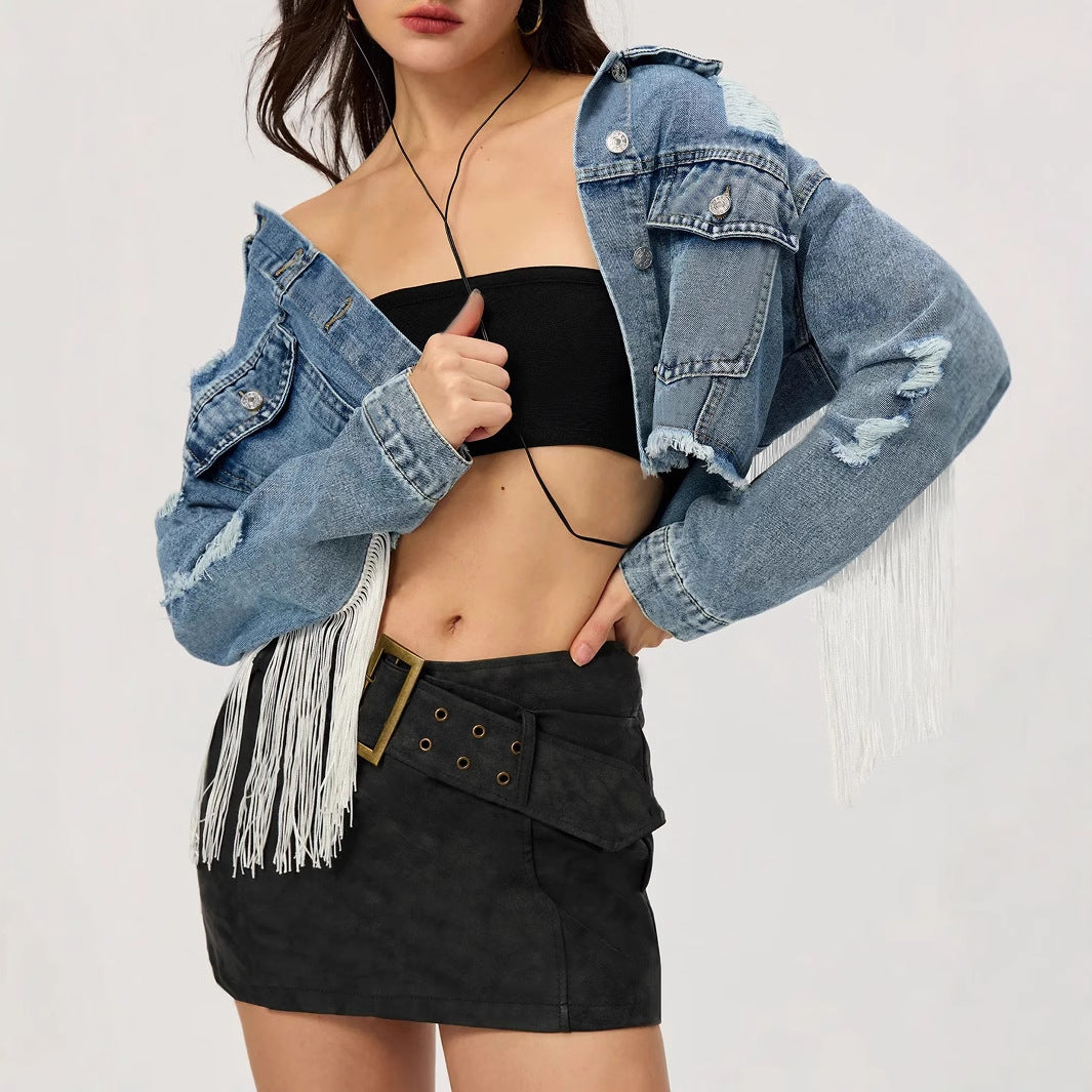 Women Clothing Personalized Street Short Tassel Ripped Denim Coat