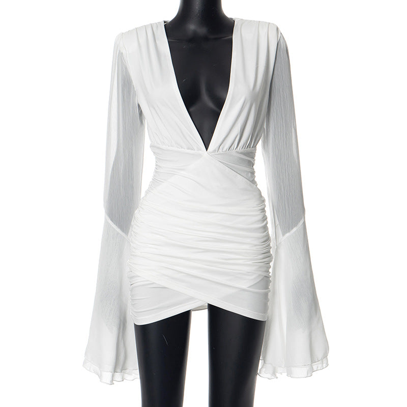 Women Clothing Autumn Winter V Neck Long Sleeve Slim Fit Sexy Dress
