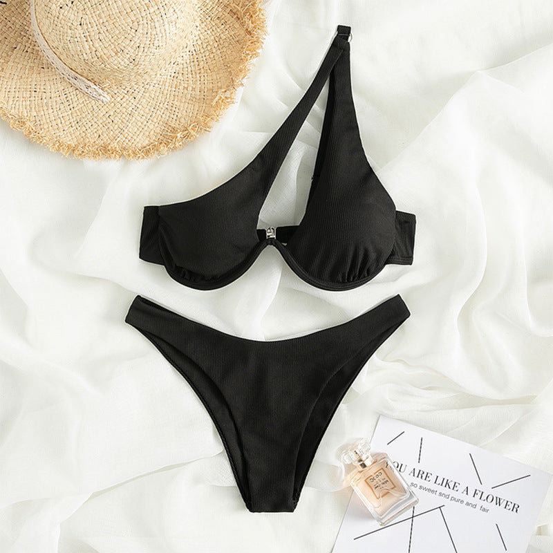 Multi Color Sexy Triangle Women Seperated Swimwear Solid Color One Shoulder Steel Bracket Hollow Out Cutout