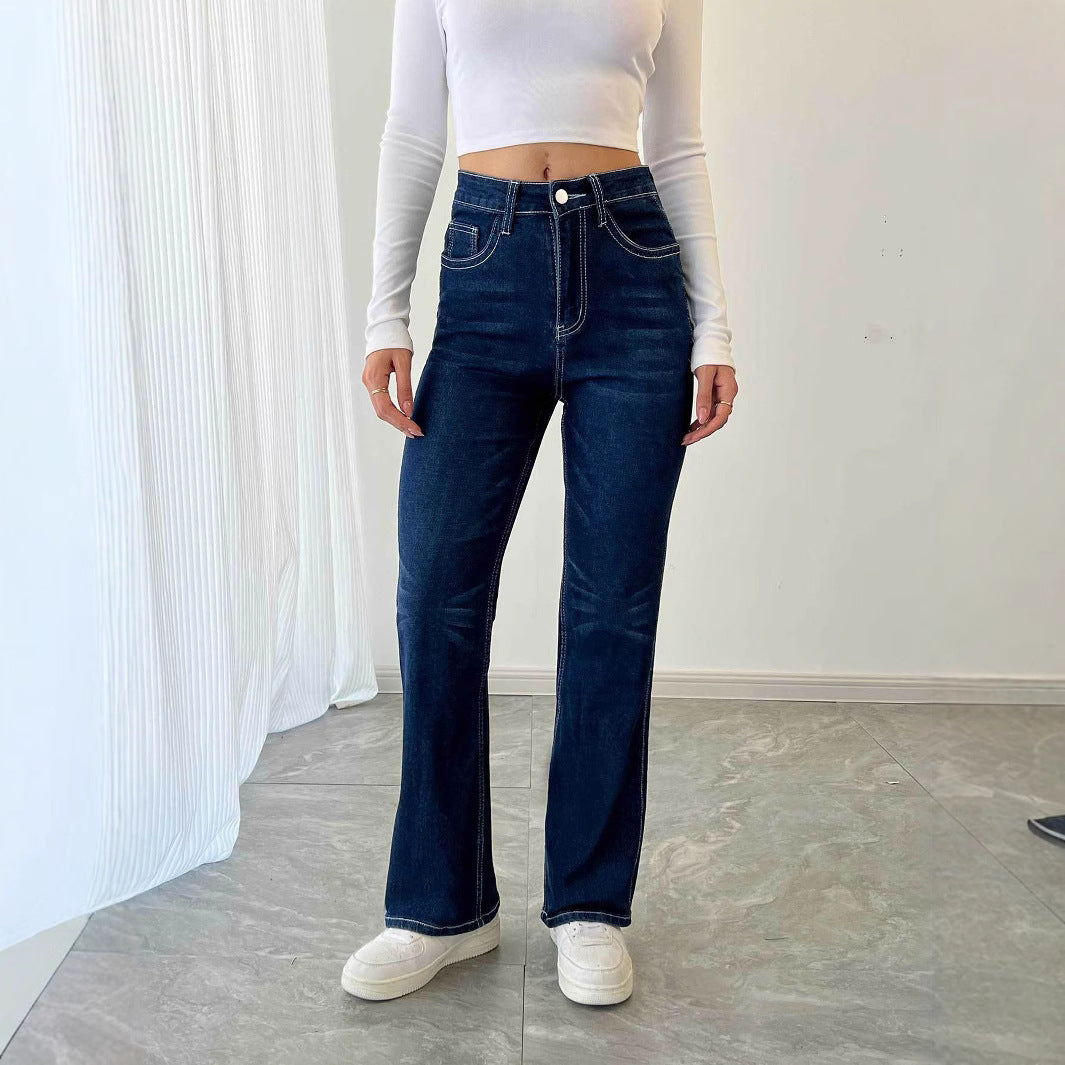 Casual Straight Leg Simple Comfortable Stretch Embroidery Jeans for Women