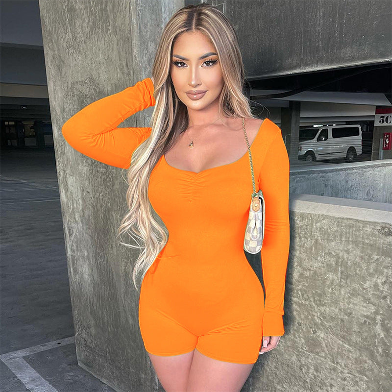 Women Clothing Autumn Winter Pleated Brushed Long Sleeve Slim Fit Sports Shorts Jumpsuit for Women