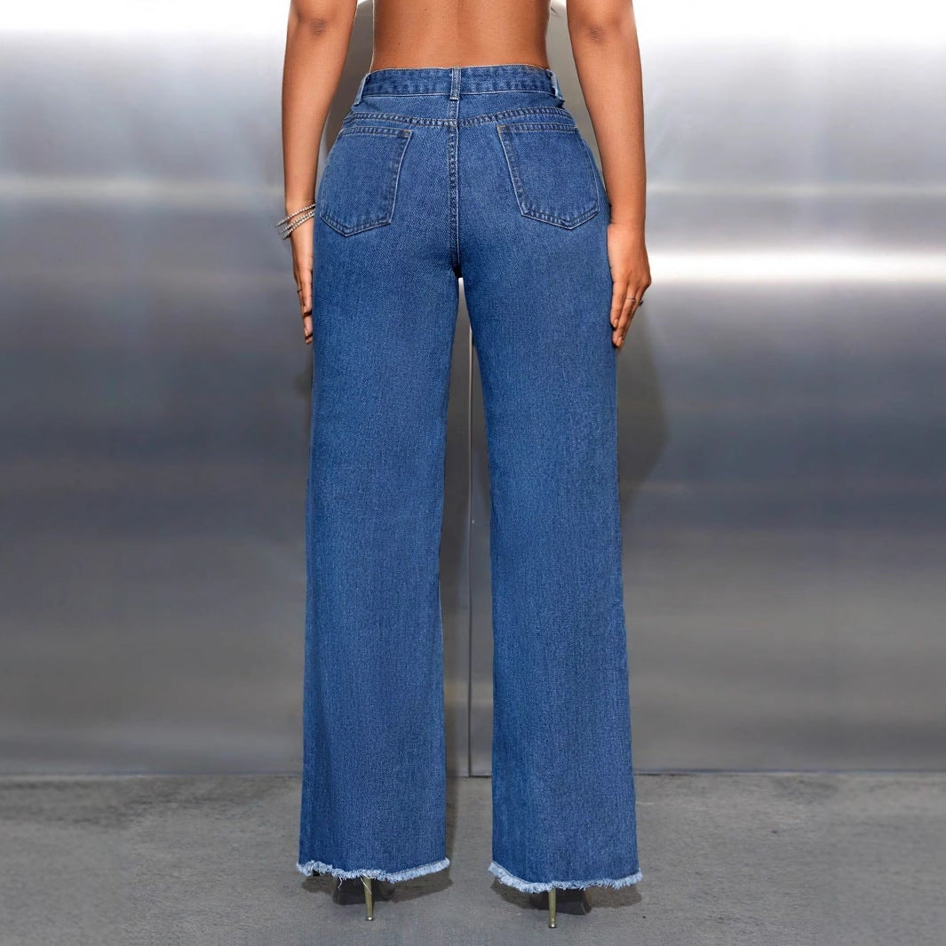 Women Clothing Casual Ripped Wide Leg Denim Trousers