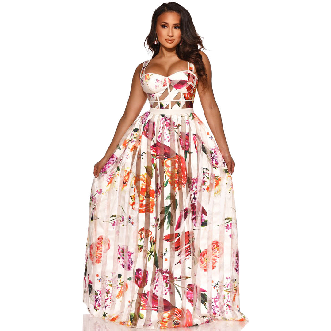 Summer Chest Wrap Spaghetti Strap Floral Print Nude See Through Wide Hem Maxi Dress