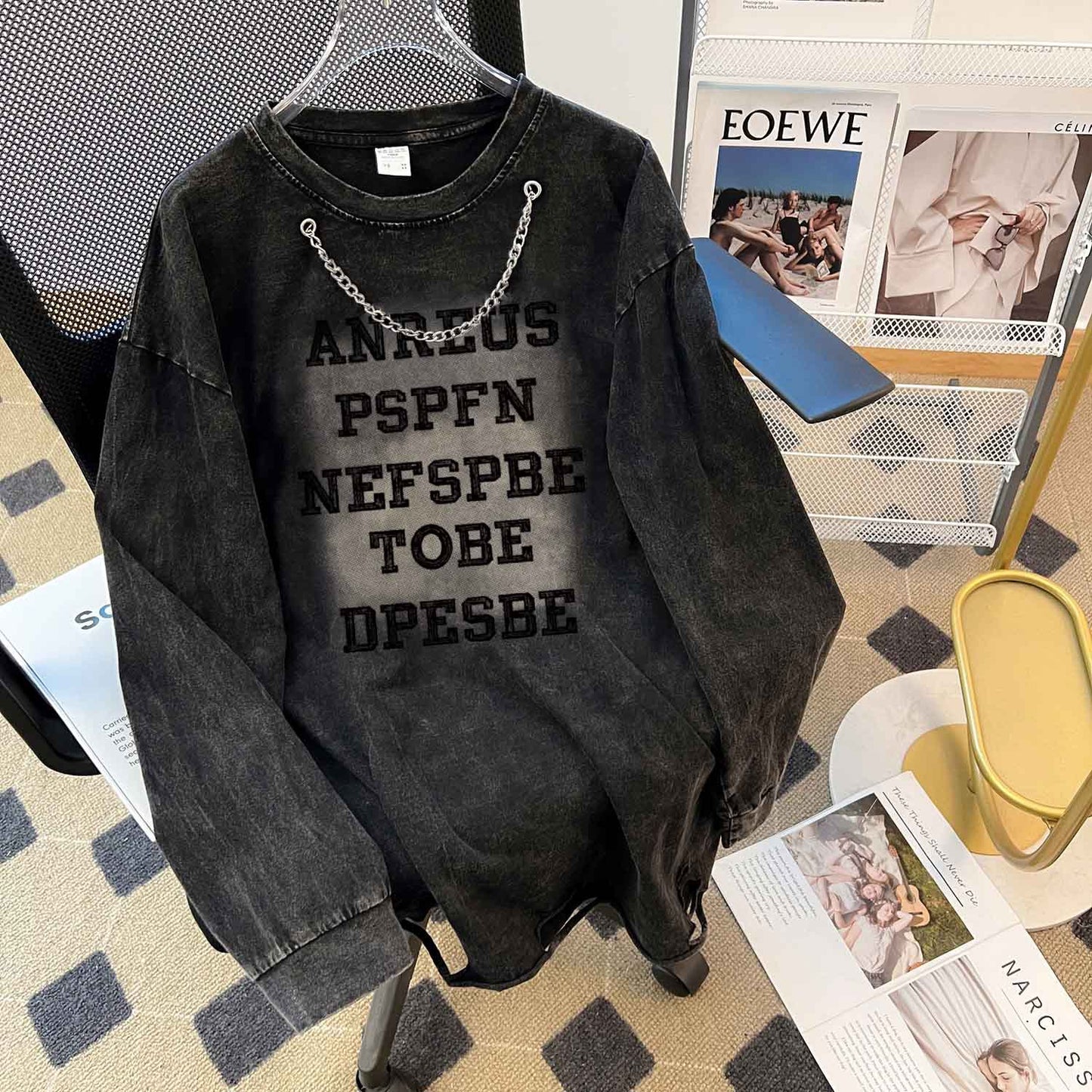 Design Washed out Vintage Cotton round Neck Ripped Sweatshirt Women Washed Worn Loose Long T Shirt