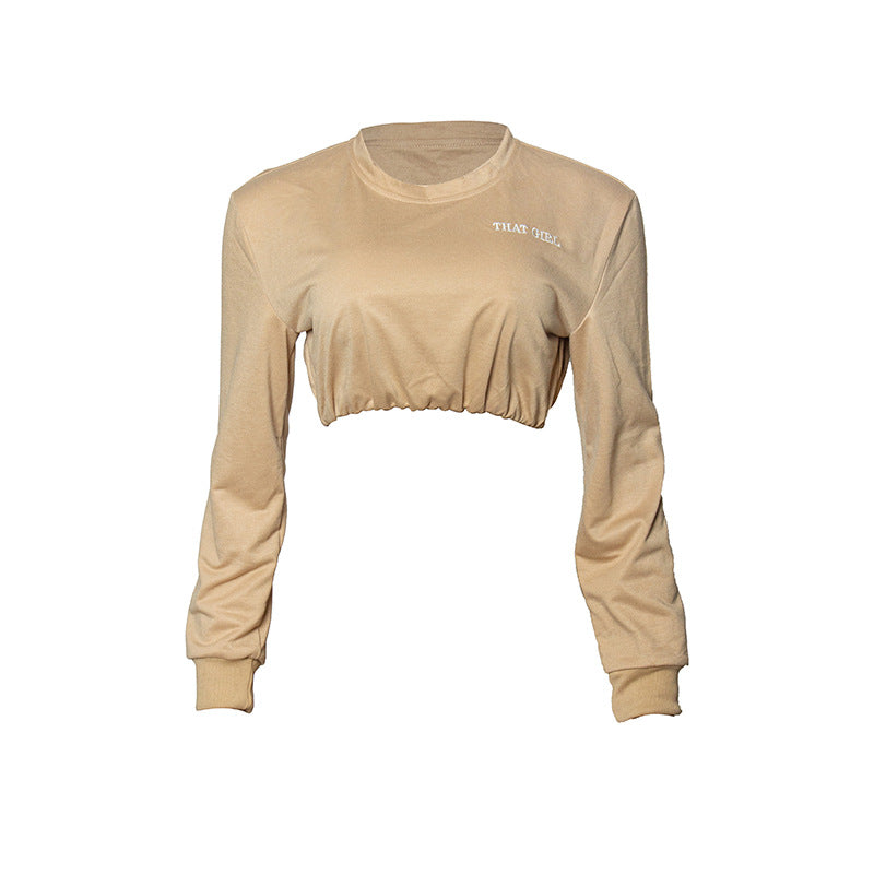 Sexy Autumn Solid Color Round Neck Embroidered Letter Graphic Long Sleeve Short Cropped Women Sweater
