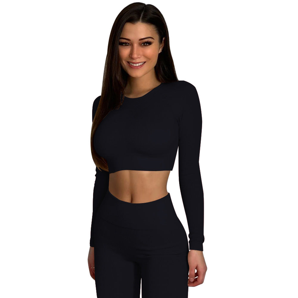 Knitted Women Clothing Rib Sunken Stripe Seamless Yoga Workout Clothes Long Sleeve Trousers Suit