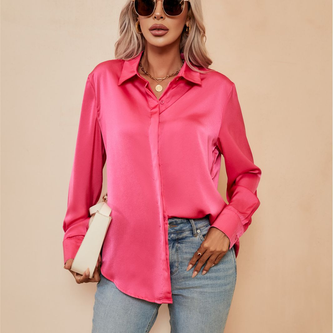 Women Satin Cardigan Top Casual Loose Long Sleeve Shirt
