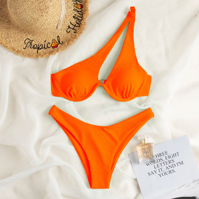 Multi Color Sexy Triangle Women Seperated Swimwear Solid Color One Shoulder Steel Bracket Hollow Out Cutout