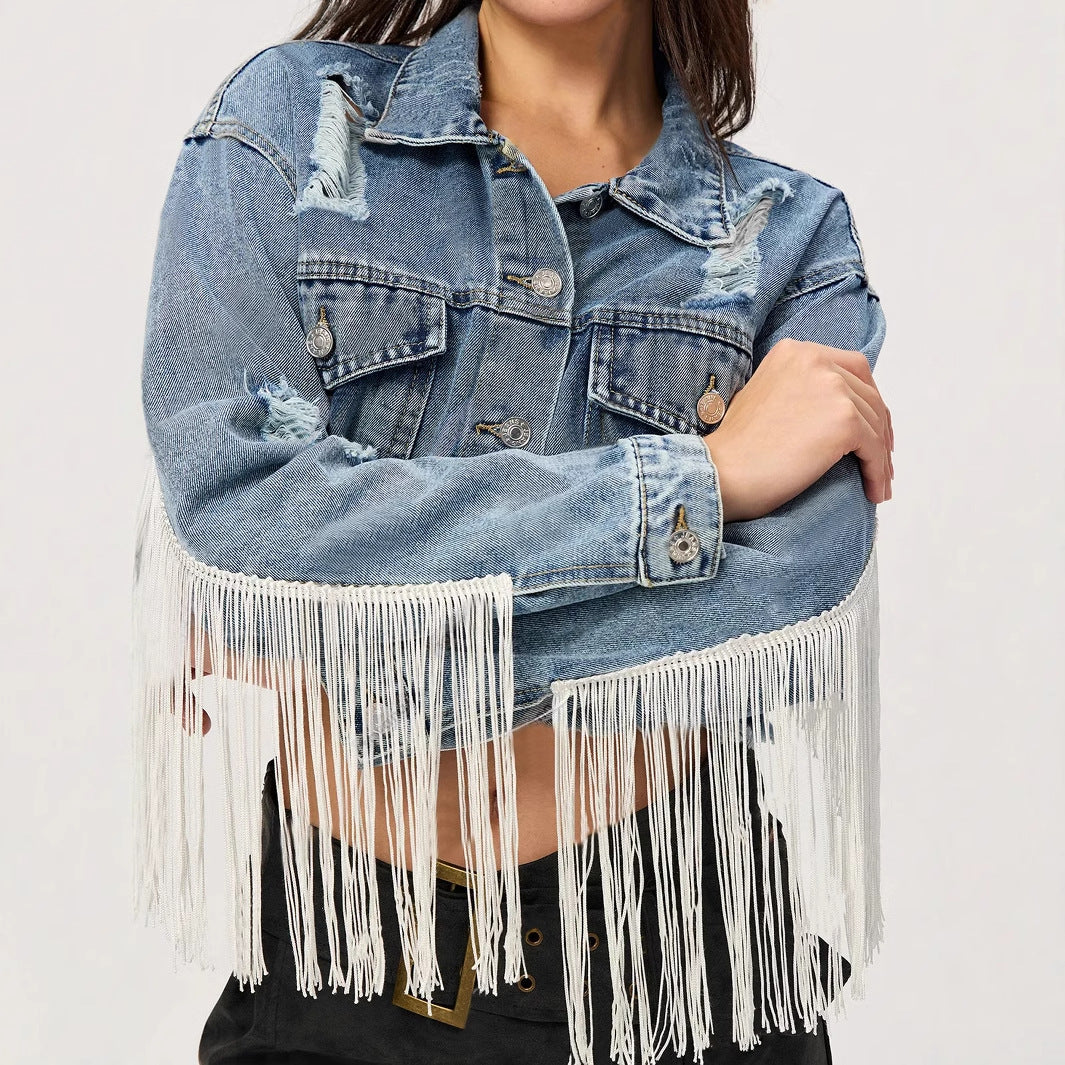 Women Clothing Personalized Street Short Tassel Ripped Denim Coat
