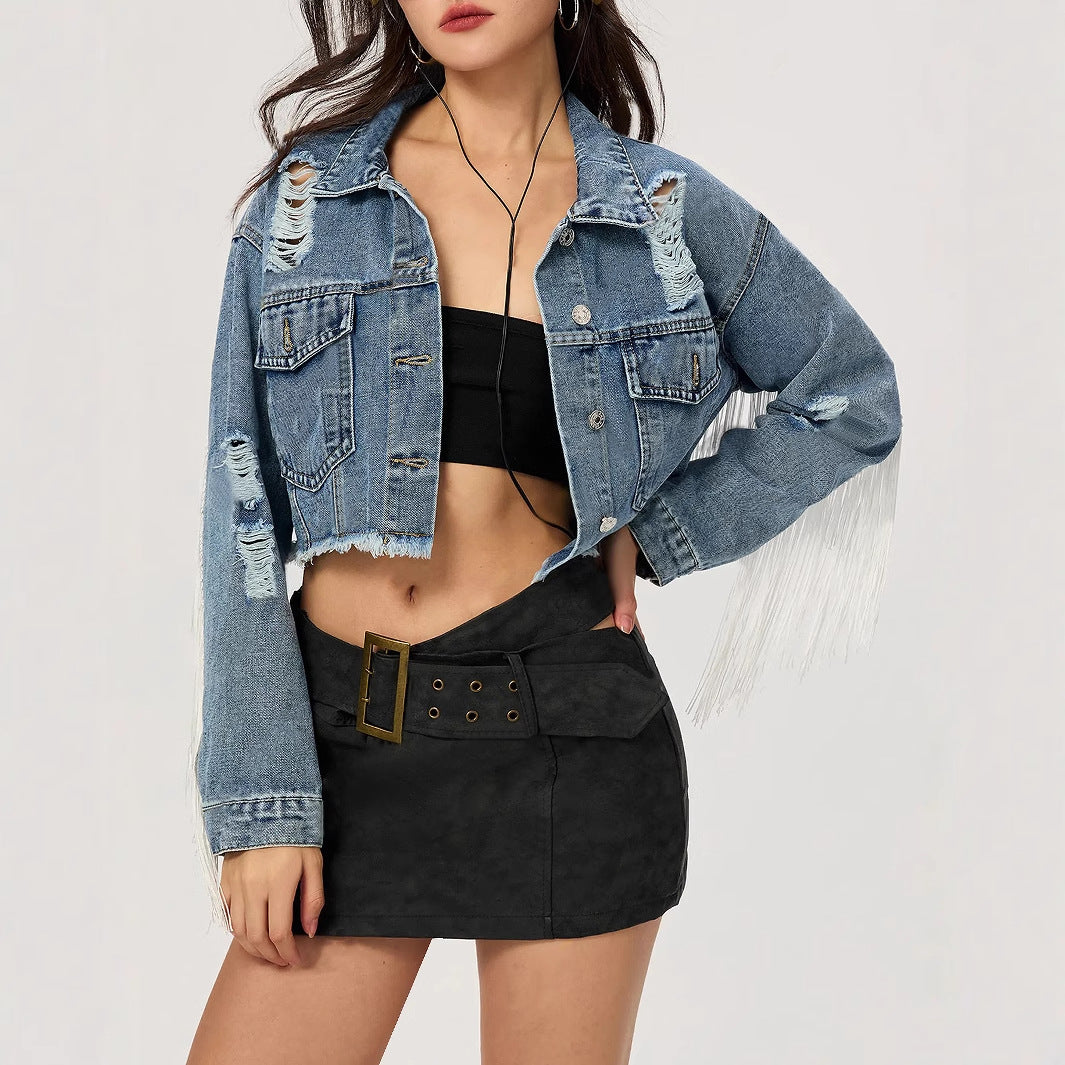 Women Clothing Personalized Street Short Tassel Ripped Denim Coat