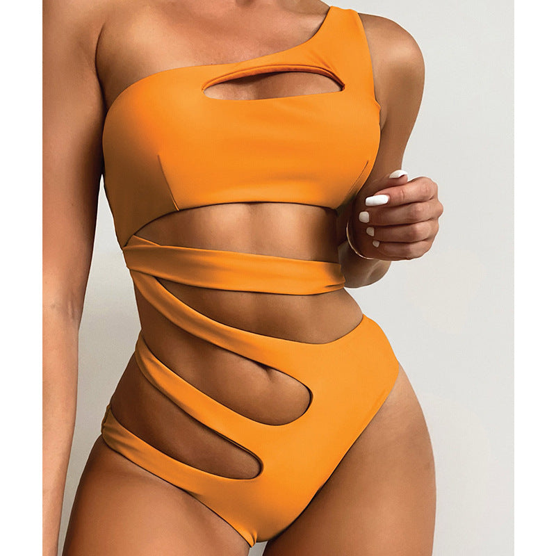 Solid Color One Shoulder Hollow Out Cutout out Swimsuit Women Vacation Travel Beach Spring Swimsuit