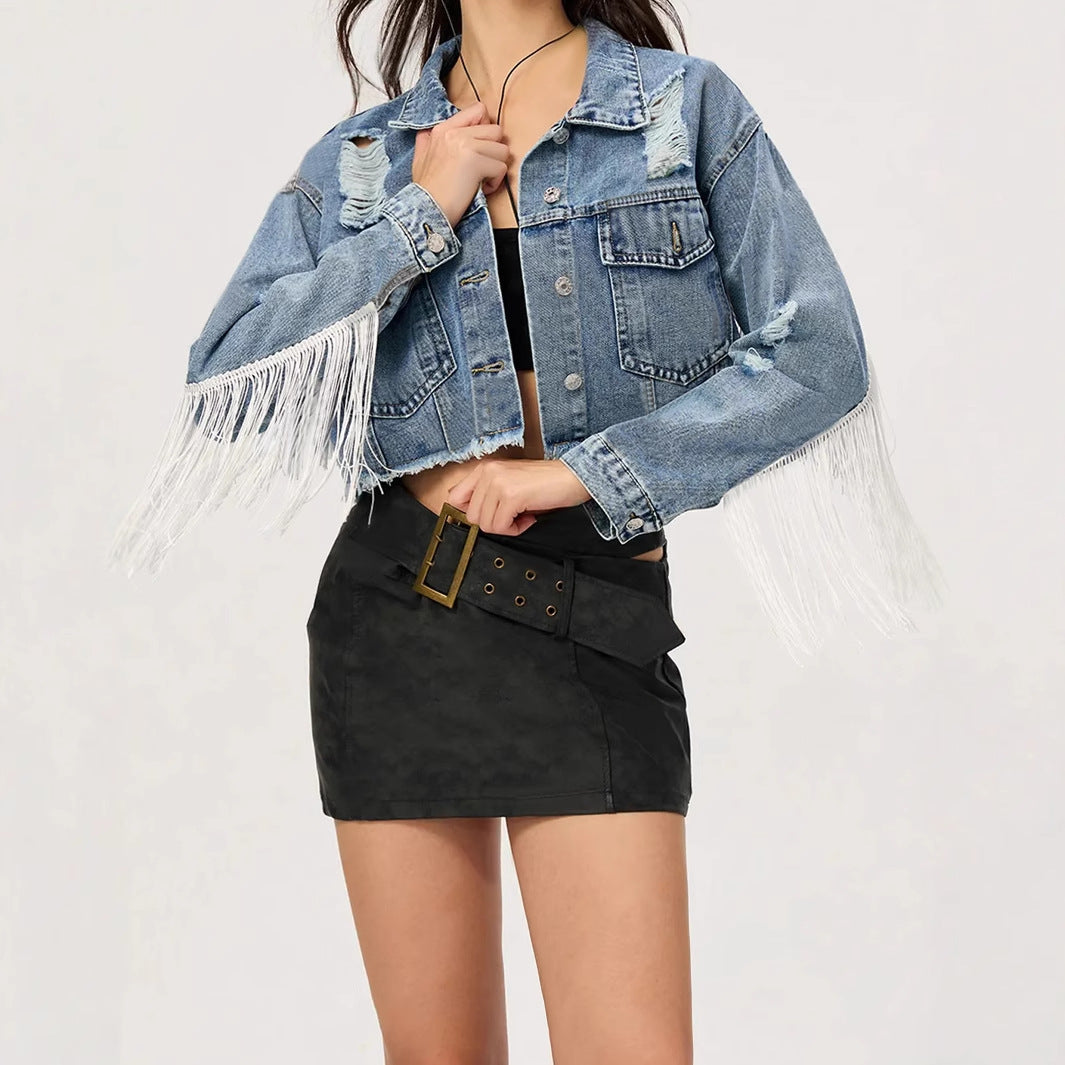 Women Clothing Personalized Street Short Tassel Ripped Denim Coat