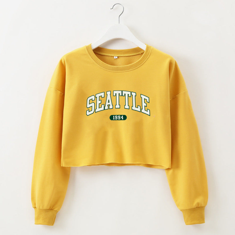 Women Clothing Autumn Winter Seattle Letter Graphic Printing Short Loose Long Sleeves Sweater