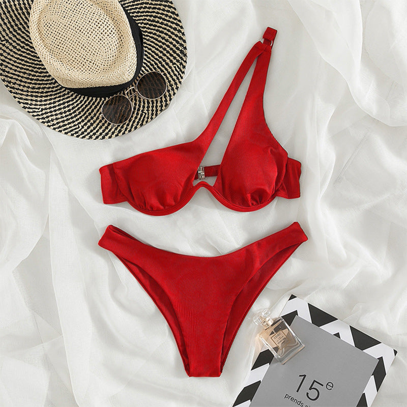 Multi Color Sexy Triangle Women Seperated Swimwear Solid Color One Shoulder Steel Bracket Hollow Out Cutout