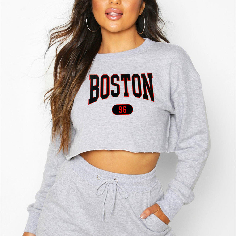 Women Clothing Autumn Winter Boston Letter Graphic Printing Cropped Long Sleeves Sweatshirt Women