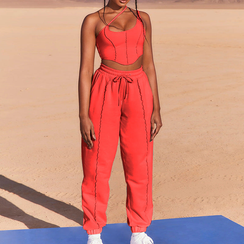 Women Clothing Sexy Solid Color Sling Casual Pants Two Piece Suit
