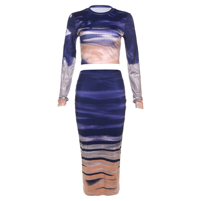 Women Clothing Autumn Winter Street Shooting Long Sleeve Pullover Print Slim Fit Sheath Dress Printed
