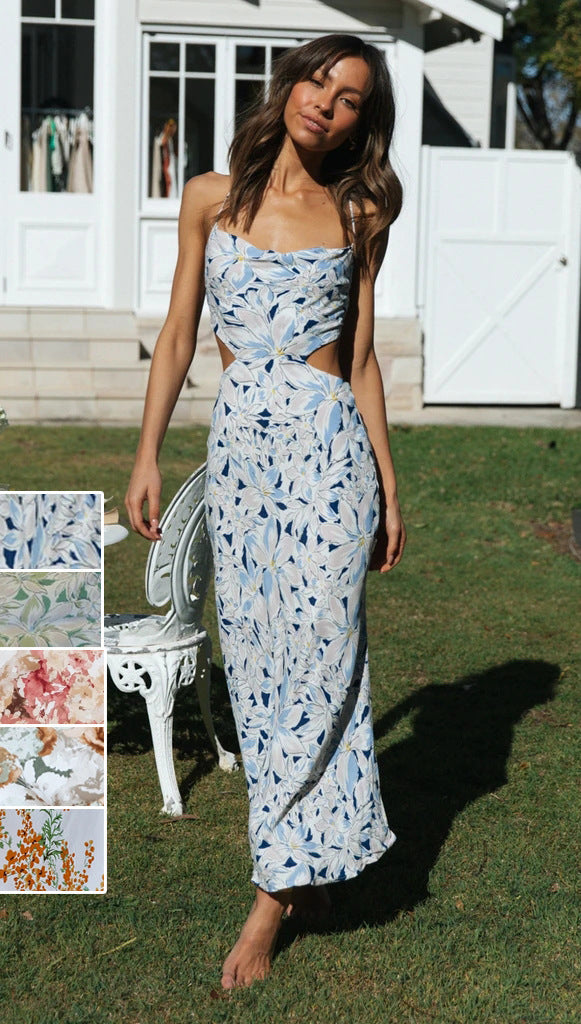Spring Summer Small Floral Print Backless Lace-up Sweet Spaghetti-Strap Dress