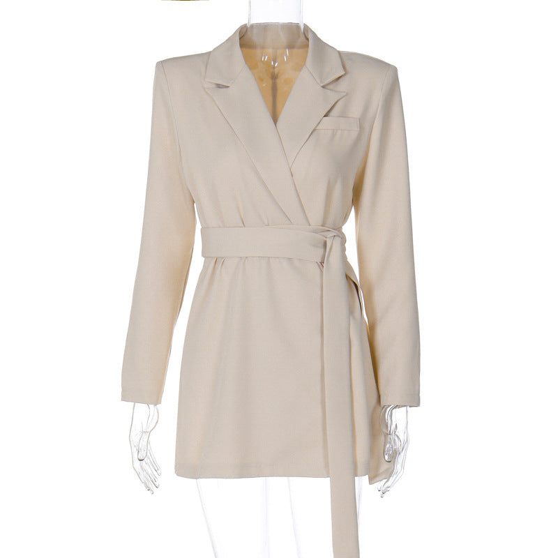 Women Clothing Autumn Collared Waist Belt Mid Length Coat Dress