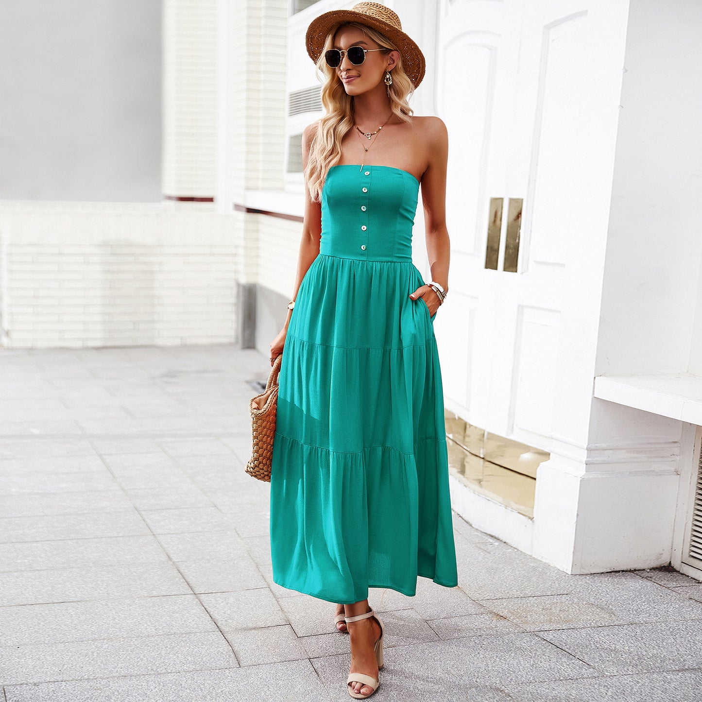 Tube Top Dress Summer Women Clothing Solid Color Casual Maxi Dress