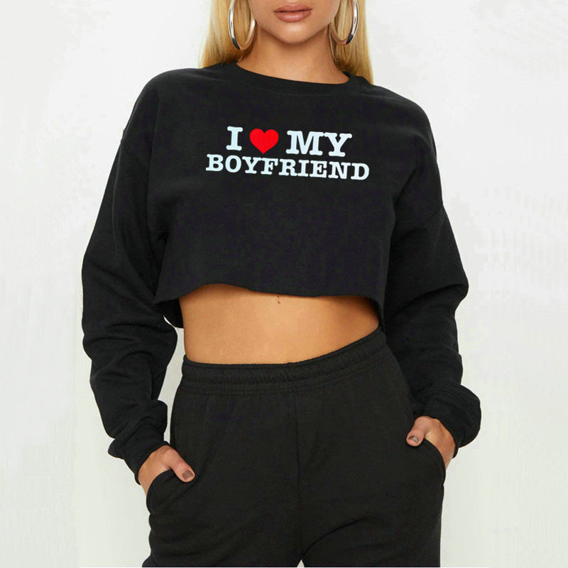 Street Hipster I Love My Boyfriend Printed Short Sweatshirt Autumn Winter Women Clothing