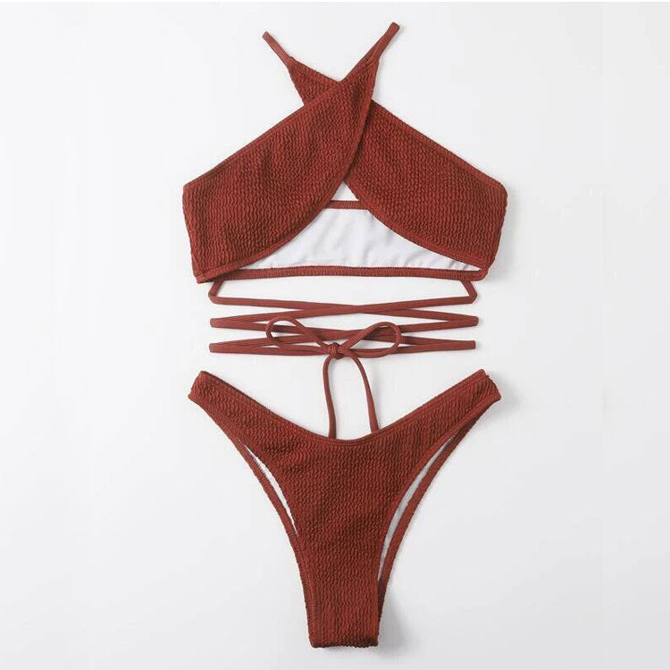 Swimsuit Solid Color Sexy Lace Up Split Swimming Suit Swimsuit Bikini Women Bikini