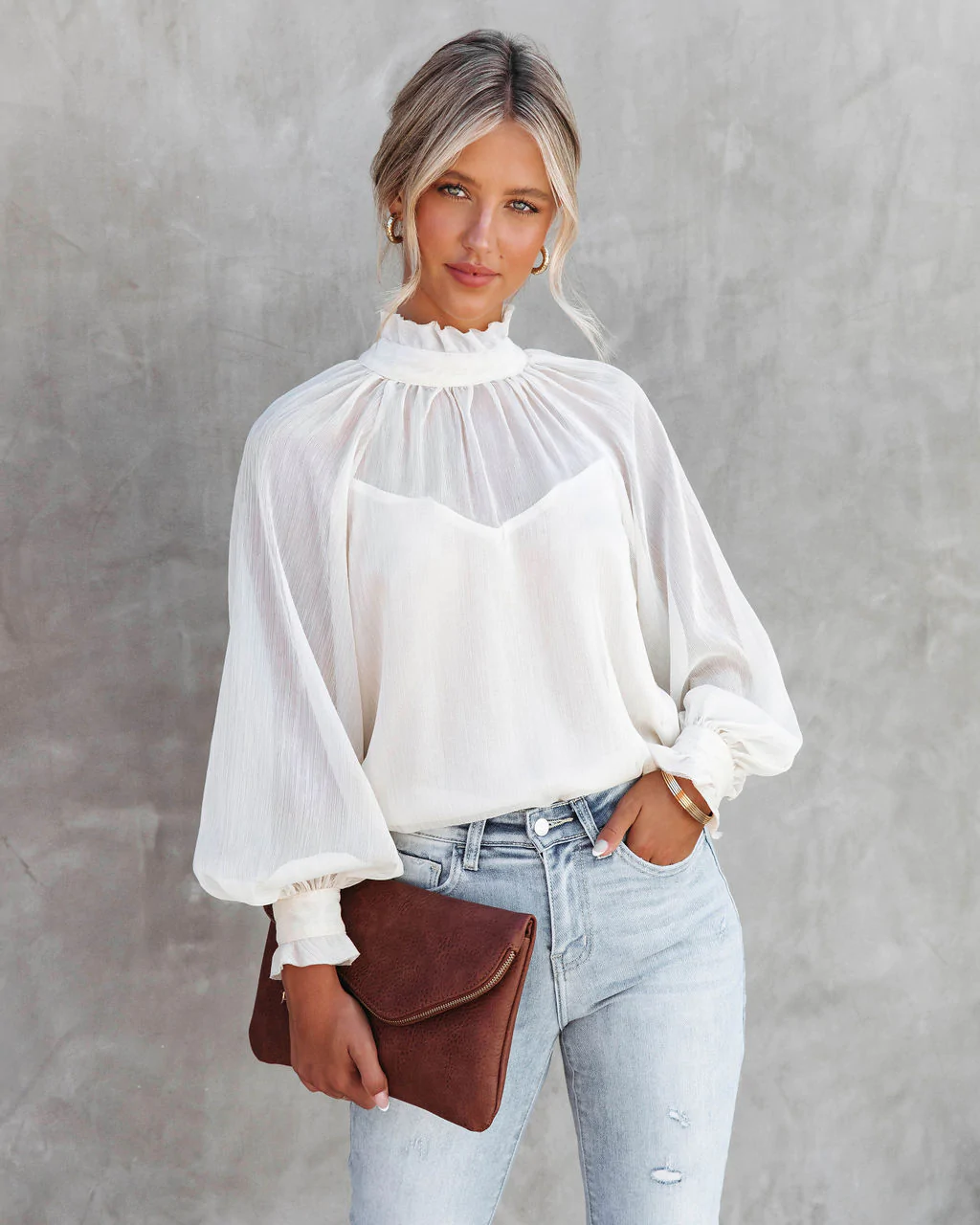 Women Summer Vacation New High Neck Lantern Sleeve Long Sleeve Top