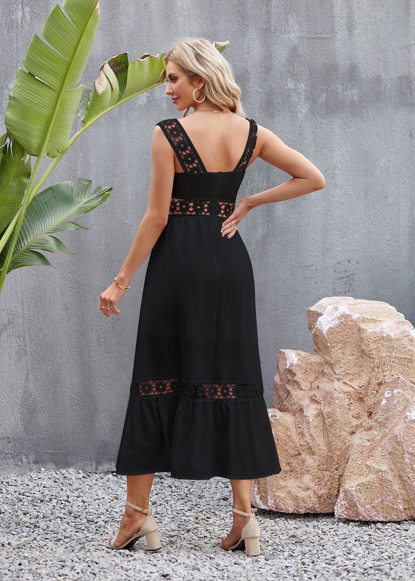 Solid Color Hollow Out Lace Stitching Square Collar Sleeveless Strap Dress